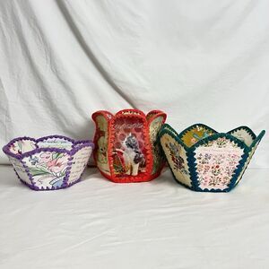 Vintage Handmade Greeting Card Crocheted Bowl Basket Lot of 3 Spring Cats